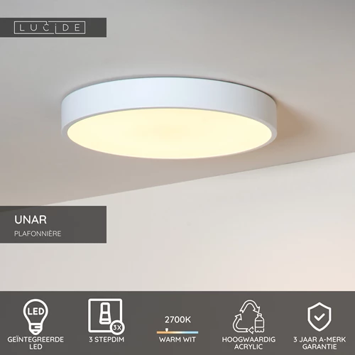 Lucide UNAR - Plafonnière - Ø 39,5 cm - LED 3 StepDim - 1x24W 2700K - Wit - USP